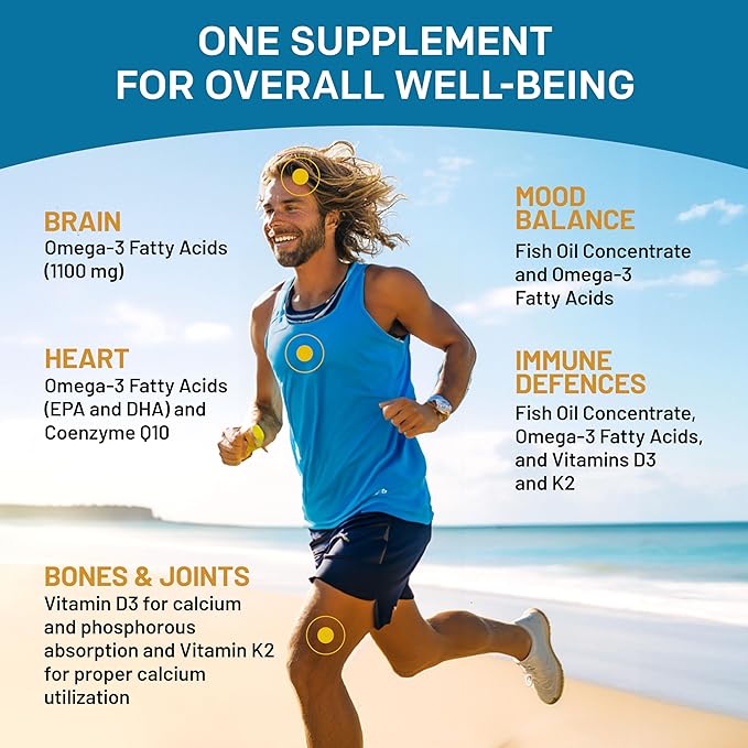 4-in-1 Fish Oil Omega 3 Supplements (2100mg) - Omega 3 Fish Oil with Vitamins D3 &amp K2 and CoQ10 &amp 28-in-1 Quercetin with Bromelain Supplement for Daily Immune Defense Support (120ct)