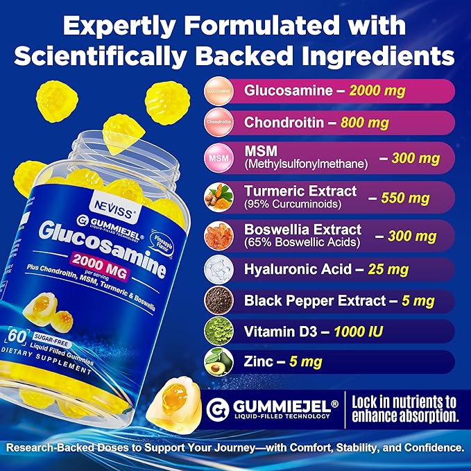 NEVISS Sugar Free Glucosamine Filled Gummies - Glucosamine Supplement Plus Chondroitin MSM Turmeric Boswellia Hyaluronic Acid Vitamin D3 &amp Zinc 120 Gummies 60 Servings