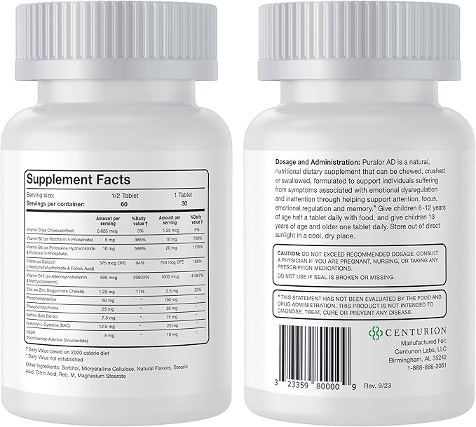 Centurion Premium Puralor AD Cognitive and Focus Supplement for Kids with Saffron Folate Vitamin C D and Zinc 30 Chewable Tablets