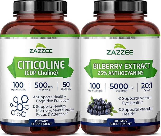 Zazzee Cognitive Brain Health &amp Vision Support Bundle | Extra Strength Bilberry 20:1 Extract &amp CDP Choline Capsules | Non-GMO Vegan &amp ISO Lab Tested