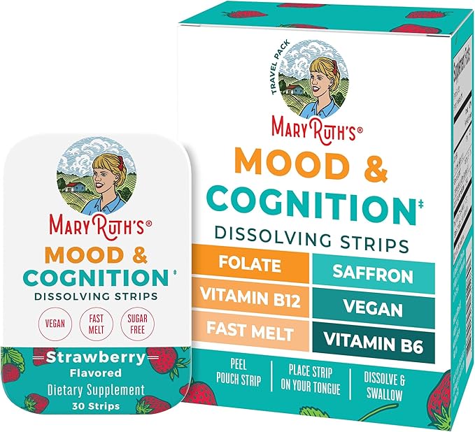 Mood &amp Cognition Dissolving Strips by MaryRuth's | Vitamin B12 | Vitamin B6 | Saffron | Folate | B Vitamins | Sugar Free | Strawberry Flavor | Vegan | Gluten Free | Dairy Free | 30 Count