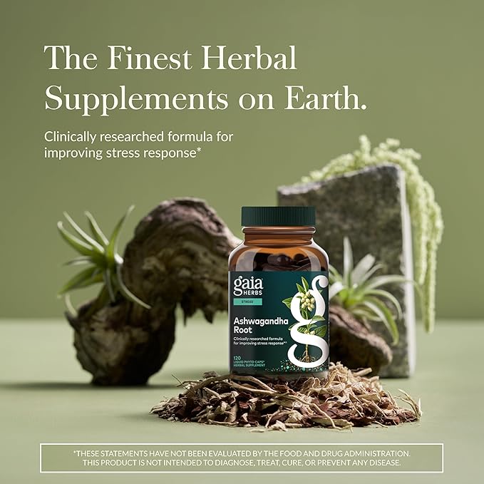 Gaia Herbs Ashwagandha Root - Stress Relief &amp Sleep Support* - 120 Vegan Liquid Phyto-Caps &amp Thyroid Support - Support Healthy Metabolic Balance &amp Overall Well-Being* - 120 Vegan Liquid Ph