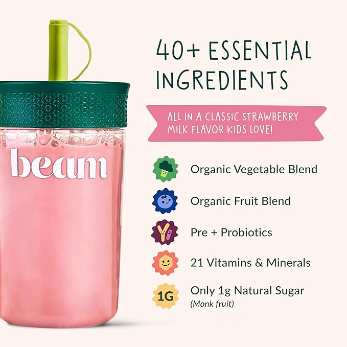 Beam Kids Multivitamin Powder – Kids Vitamins with Greens Probiotic &amp Prebiotic Immune Support for Children &amp Toddlers No Artificial Sweeteners for Picky Eaters 20 Servings Strawberry Fl