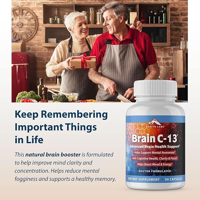 Brain C-13 Cognitive Booster Supplement by Zenith Labs - Natural Brain Health Support - Supports Memory Focus Concentration - Mental Clarity for Men Women