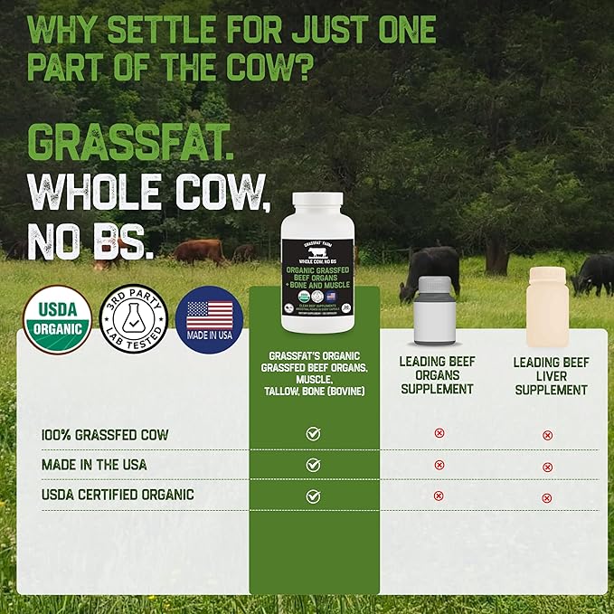 Grassfat Farm - USDA Certified Organic 100% Grassfed Beef Organ Supplements - Whole Cow with Nothing Added - Beef Liver Kidney Lungs Heart Bone &amp Muscle - NO Uterus or Fallopian - 30-Day Suppl