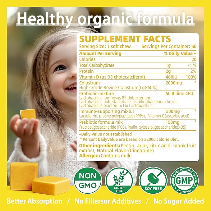 Colostrum Chews Supplement with probiotics for Gut Health Bloating Immune Support Skin Hair Growth and Beauty - Pineapple Flavor (60 Servings)