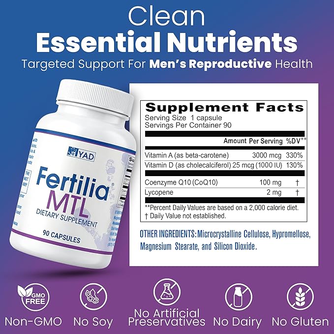 Fertilila MTL – Men’s Fertility Support Supplement | Male Pre-Conception Vitamins | Non-GMO Gluten-Free Dairy-Free | 90 Capsules - 3 Month Supply