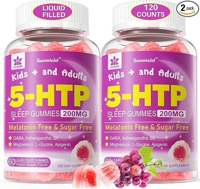 5HTP Gummies for Adults &amp Kids 8+ Melatonin Free Gummies with Magnesium Glycinate GABA L-Glycine Ashwagandha Vitamin B6 for Delicious Zzzs Brain &amp Muscle Relaxation 0 Sugar 60 Count (Pa