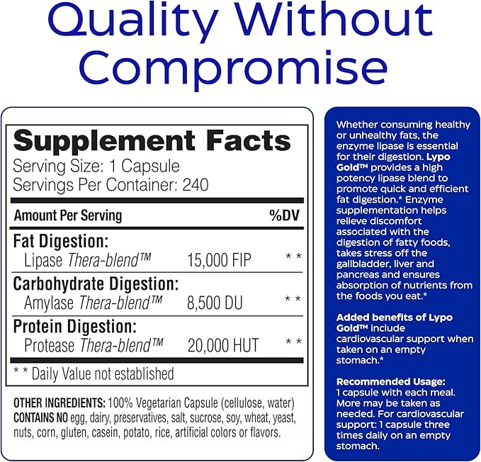 Enzymedica Lypo Gold - Protease Amylase &amp Lipase Digestive Enzymes for Women &amp Men Enzyme Supplement for Fat Digestion Gut Health &amp Gallbladder Support Helps Gas &amp Bloating Gluten