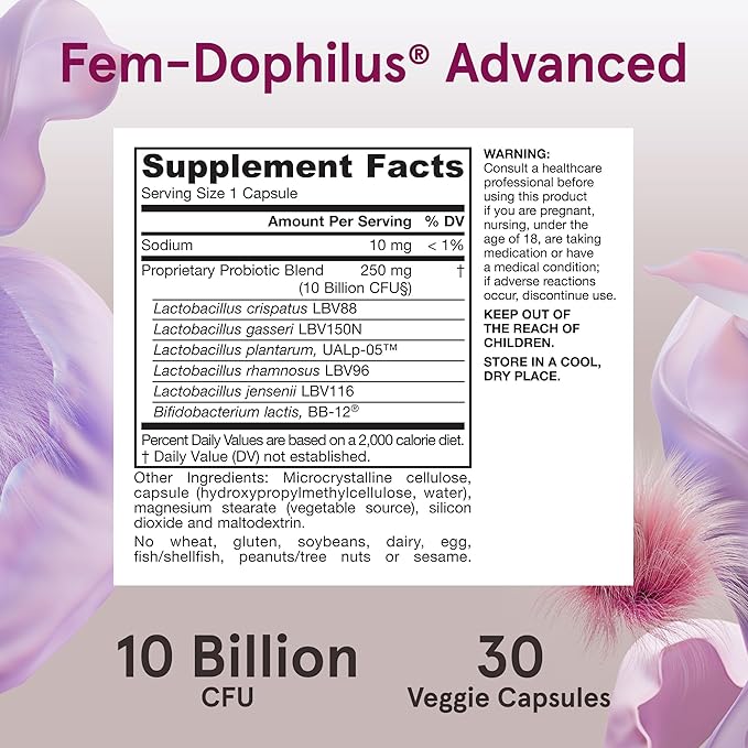 Jarrow Formulas Fem-Dophilus Advanced Vaginal &amp Digestive Probiotics 10 Billion CFU with 6 Science Backed Strains for Vaginal Urinary Tract Digestive &amp Immune Support 30 Capsules Shelf-St