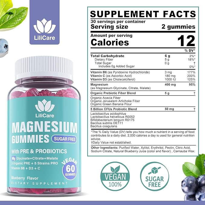 Triple Magnesium Complex Gummies 400mg with Prebiotics &amp Probiotics 5 Billion CFUs Magnesium Glycinate Supplement Gummies with Vitamin B6 D3 &amp C for Muscles &amp Mood - 60 Count (Pack of 1