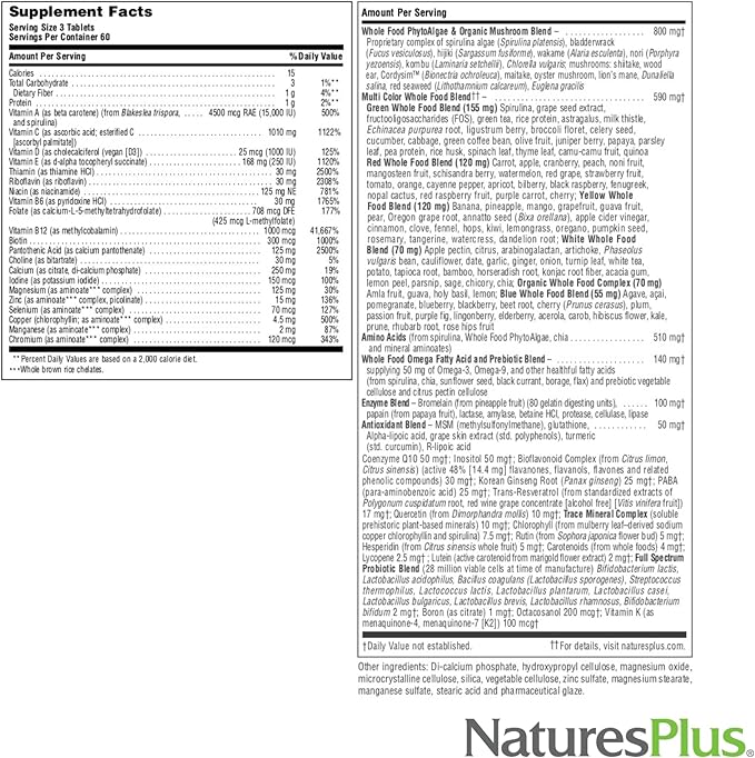 NaturesPlus Source of Life GOLD Multivitamin - 180 Tablets - With Vitamins D3 B12 &amp K2 - Blood Bone &amp Immune Support - Vegetarian &amp Gluten Free - 60 Servings