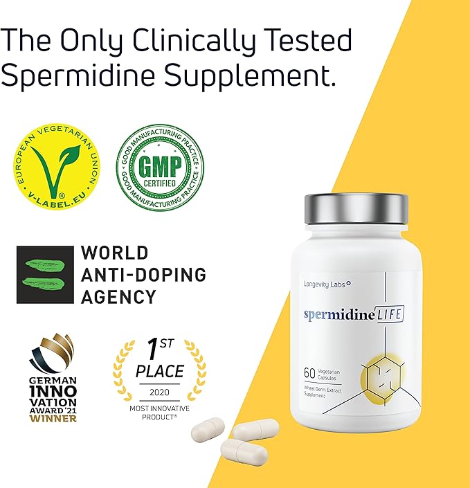 LONGEVITY LABS + spermidineLIFE Natural Supplement Non-Synthetic Plant-Based Wheat Germ Extract with High Spermidine &amp Zinc for Cell Renewal Vegan for Women &amp Men 60 Capsules