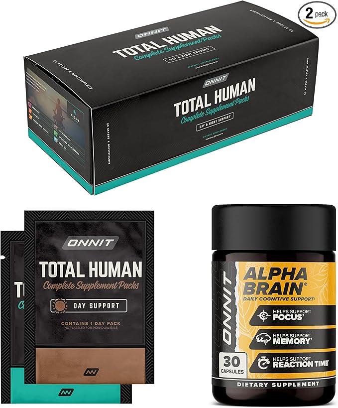 ONNIT Cognitive &amp Daily Wellness Bundle: Alpha Brain Nootropic Capsules (30 Count) + Total Human Multivitamin Packs (30-Day Supply) IGEN Non-GMO Tested Focus Energy &amp Clarity Pack of 2