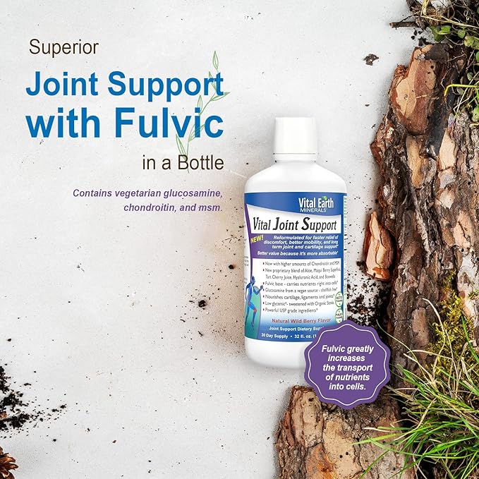 Vital Earth Liquid Joint Support Supplement – Glucosamine Chondroitin MSM Plus Hyaluronic Acid Boswellia &amp Fulvic Acid (70+ Trace Minerals) 32 Oz + 1 Oz Cup