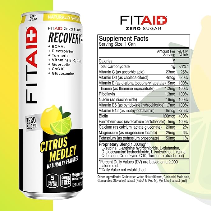 FITAID ZERO Sugar Keto-Friendly Number 1 Post-Workout Recovery Drink Contains Zero Sugar BCAA Glucosamine 5 Calories Keto Variety Pack 12 Fl Oz (Pack of 12) - Packaging May Vary