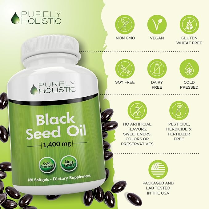 Purely Holistic Black Seed Oil 1400mg + Vitamin C 1000mg - 180 Softgels + 365 Capsules - Immune Bundle - Easy to Swallow - Made in USA