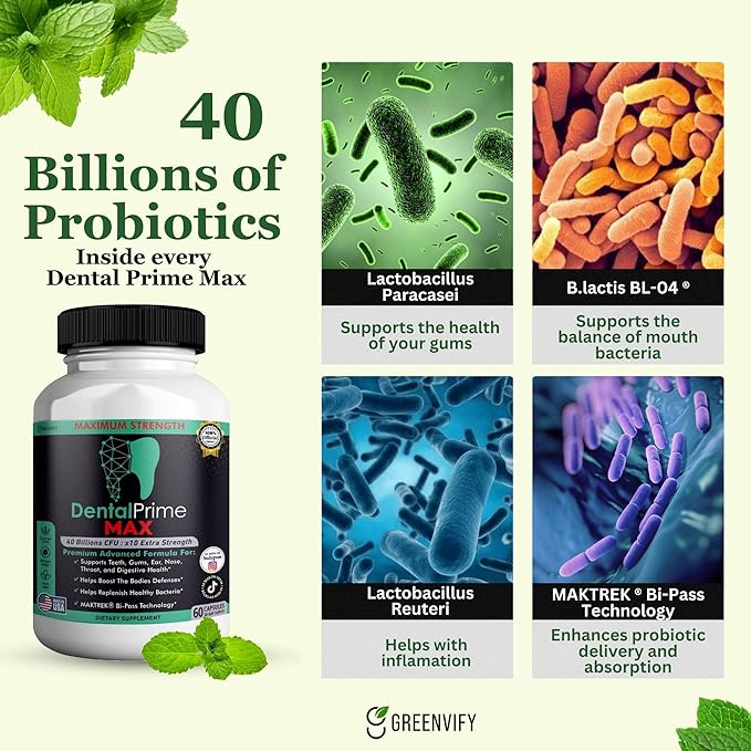DentalPrime MAX Probiotic Supplement 40 Billion CFU MAKTREK Bi-Pass Technology 60 Capsules 30-Day Supply (3)