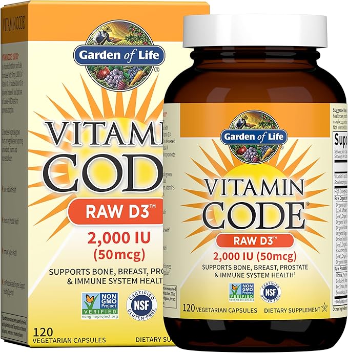 Garden of Life Vitamin D Vitamin Code Raw D3 Vitamin D 2000 IU Raw Whole Food D3 Supplements with Chlorella Fruit Veggies &amp Probiotics for Bone &amp Immune Health 120 Vegetarian Capsules