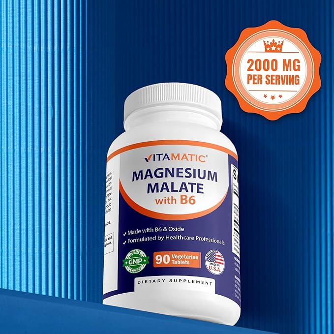 Vitamatic Magnesium Malate 2000mg per Serving - 90 Vegetarian Tablets - Added B6 for Maximum Absorption - Supports Muscle Joint and Heart Health* (3 Bottles Unflavored)