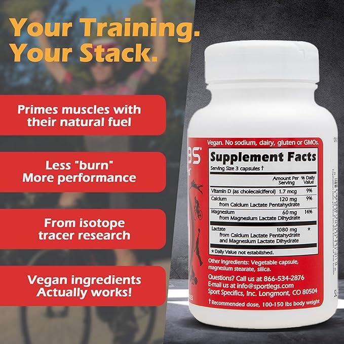 SPORTLEGS Pre-Exercise Metabolic Primer for Runners Cyclists and Endurance Athletes - Helps Muscles Use Lactate as Fuel for Smoother Longer-Lasting Efforts - NSF Certified for Sport - 120 Capsules