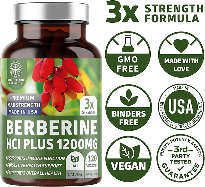 Berberine HCl Supplement 1200mg Pure Berberis Aristata Capsules to Support Metabolic Health Digestive Wellness and Cellular Antioxidant Support Non-GMO Vegetarian 120 Capsules 2-Month Supply