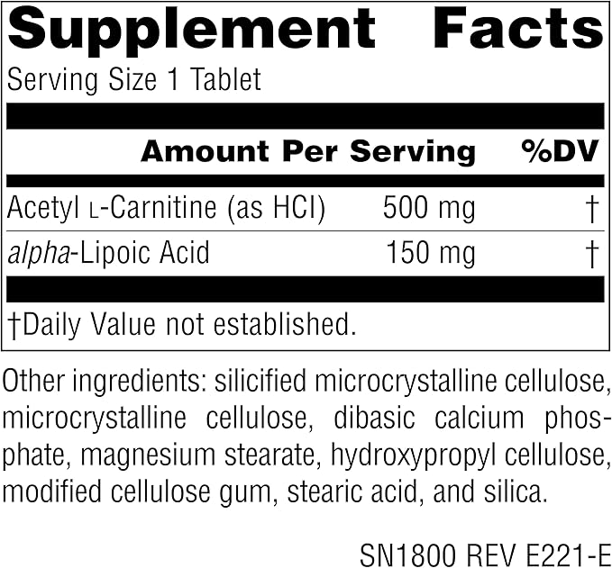 Source Naturals Acetyl L-Carnitine &amp Alpha-Lipoic Acid 650mg - 120 Tablets
