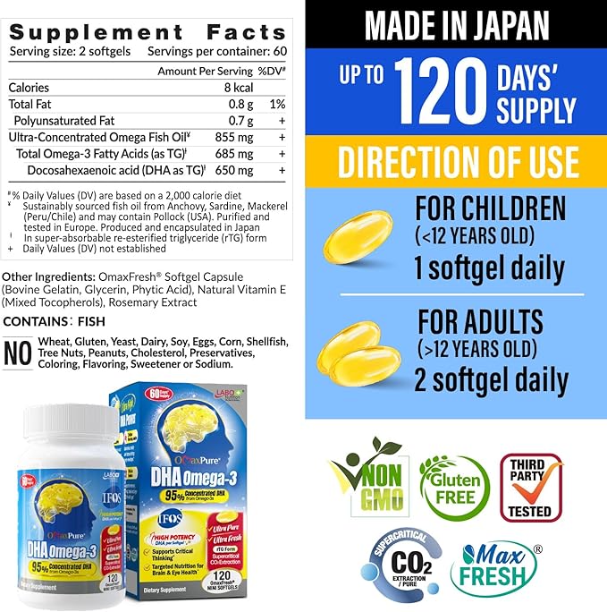 LABO Nutrition OmaxPure DHA Omega 3 Fish Oil | IFOS Certified High Strength rTG Omega 3 Fatty Acids Supplement with DHA &amp EPA - for Brain Eye Prenatal Support | 120 Mini Softgels 60 Servings