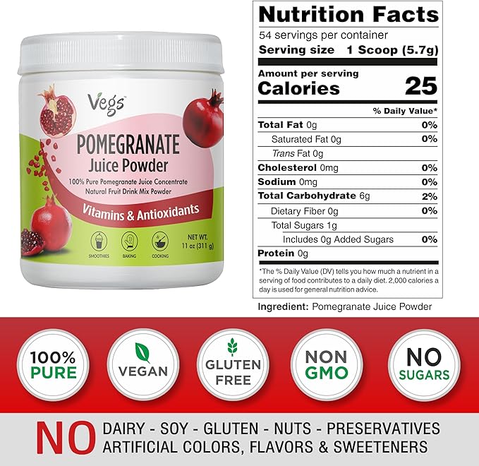Pomegranate Juice Powder - Organic Pomegranate Fruit Juice Concentrated Antioxidants &amp Electrolytes - Instant Drink Mix Powder for Hydration Baking Flavoring Sugar Free 11 oz (Pack of 1)