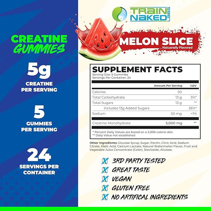 Train Naked Labs Creatine Gummies | Gummy Creatine Chewables for Men &amp Women | 5g per Serving | Gluten Free &amp Vegan | 120 Gummies 24 Servings (Melon Slice)
