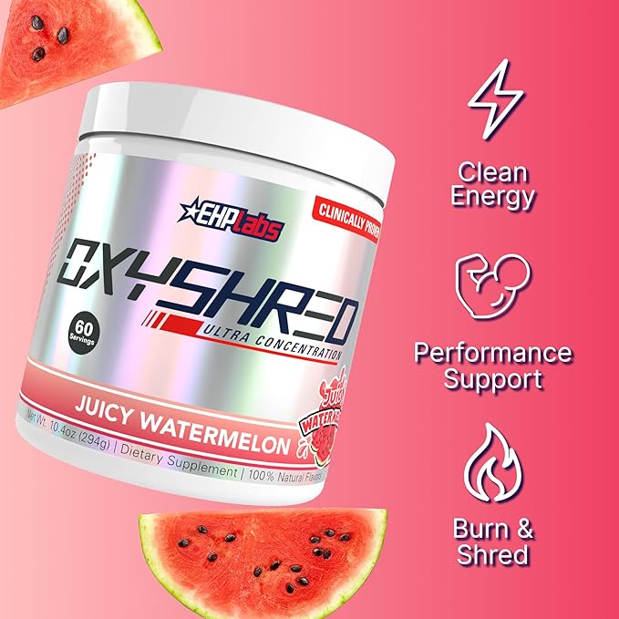 EHP Labs OxyShred Pre Workout Powder - Preworkout Powder with L Glutamine &amp Acetyl L Carnitine Energy Boost Drink - Juicy Watermelon 60 Servings