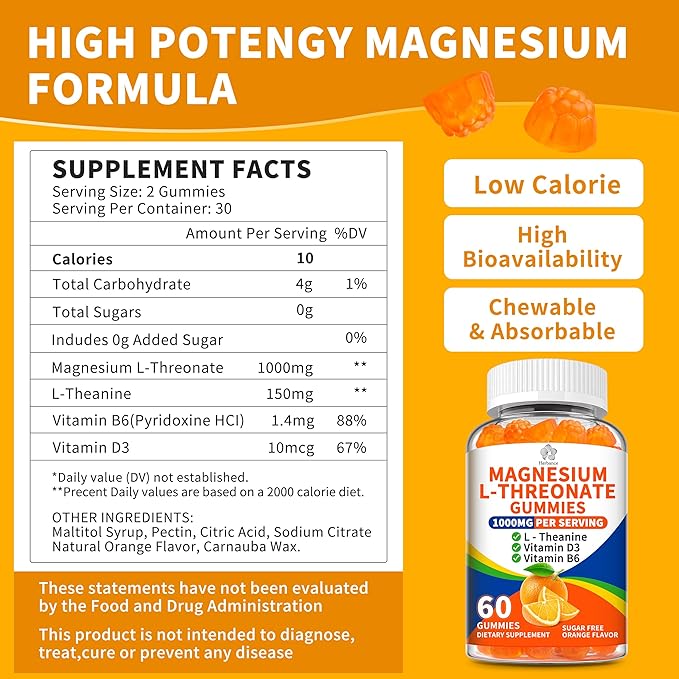 (3 Pack) Magnesium L-threonate Gummies 1000mg for Kids &amp Adults High Absorption Magnesium Threonate with L - Theanine Vitamin D3 &amp B6 for Muscle Nervous System Sugar-Free Orange Flavor