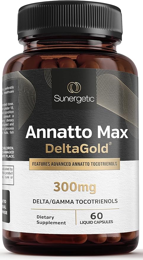 Sunergetic Premium Annatto Tocotrienol Supplement – with DeltaGold – Tocotrienols Vitamin E 300 mg – Supports Liver Immune &amp Heart Health - Delta + Gamma Tocotrienols (60 Liquid Capsules)