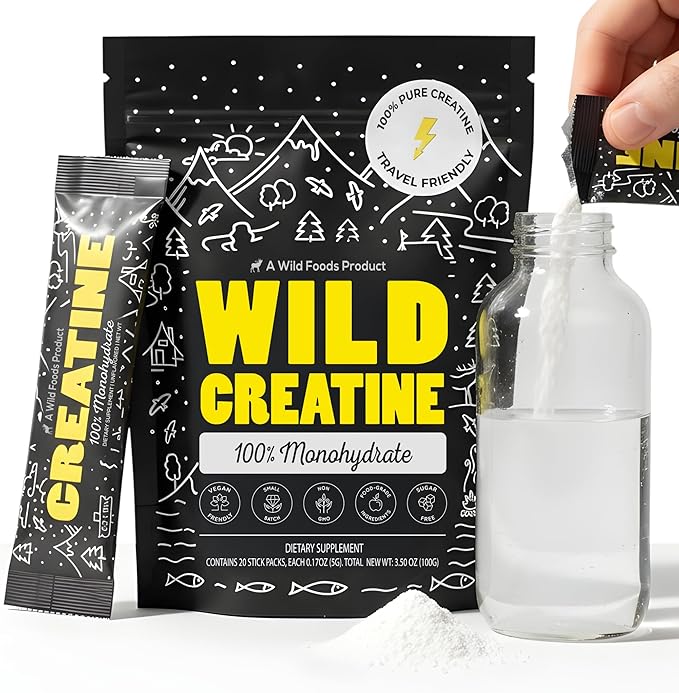 Wild Foods 100% Creatine Monohydrate Powder Packets - 20 Packets - for Brain &amp Performance – Pure Creatine Travel Packs for Men &amp Women USA Made– 5g Creatina Per Serving