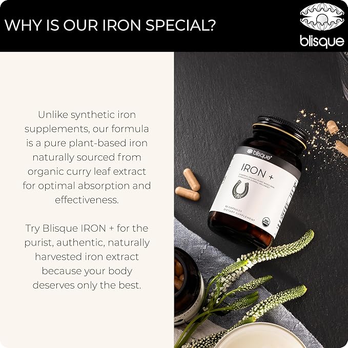 Blisque - Organic Plant-Based Iron Formula for Blood Health Immune Support and Energy | from Organic Curry Leaf Extract | 90 Capsules