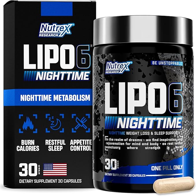 Nutrex Lipo 6 Nighttime Fat Burner | Melatonin Sleep Aid &amp Weight Loss Diet Pills for Men and Women | Night Time Metabolism Booster Appetite Suppressant | 30 Servings (1)