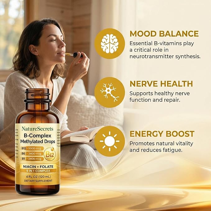 NATURESECRETS B-Complex Methylated Drops B12 B6 B1 Sublingual Vitamin B Complex Energy &amp Nervous System Support Raspberry Flavor 4 fl oz