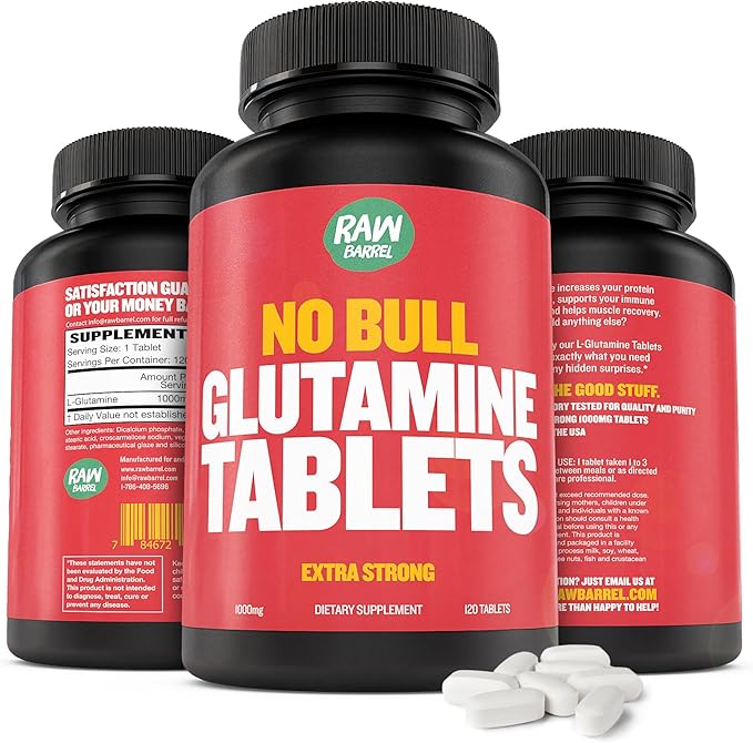 “No Bull” L-Glutamine Tablets Pure L Glutamine Pills Non GMO L Glutamine Supplement Naturally Vegan Vegetarian Friendly and Gluten Free 1000mg