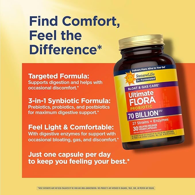 Renew Life Ultimate Flora Probiotics Bloat &amp Gas Support 70 Billion CFU Delayed Release Vegan Capsules | Doctor Formulated | Digestive Health | Immune Health | Dairy Free | 30 Count