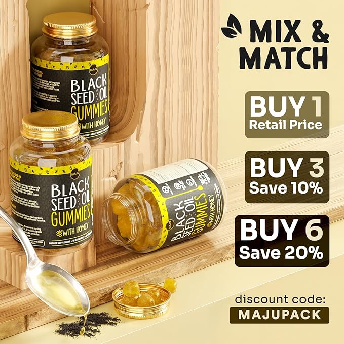 MAJU's Black Seed Oil Gummies with Honey 90ct 500mg BSO Gummy Black Cumin Seed Nigella Sativa Oil Cold-Pressed Potent Formula 90ct