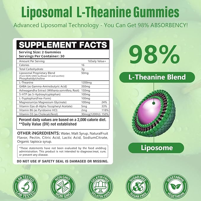 Liposomal L-Theanine 1200mg GummiesComplex Magnesium GABA5-HTPAshwagandha etc for Calm Zzz &amp Relaxation Support for AdultsChildren &amp ElderlyLiposomal Enhance 98% Absorption