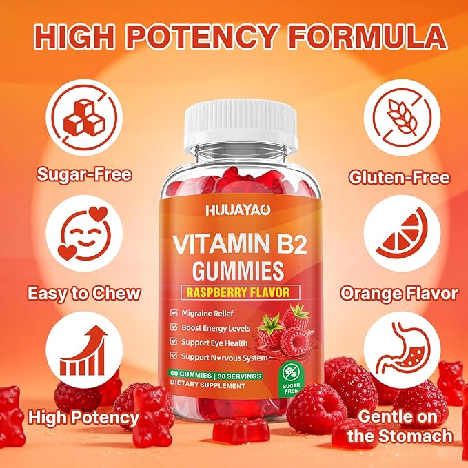 Vitamin B2 Gummies Riboflavin Supplement with Magnesium for Kids &amp Adults B2 Gummies for Migraine Relief &amp Nervous System Support Vegan Sugar-Free Raspberry Flavor 120 Count