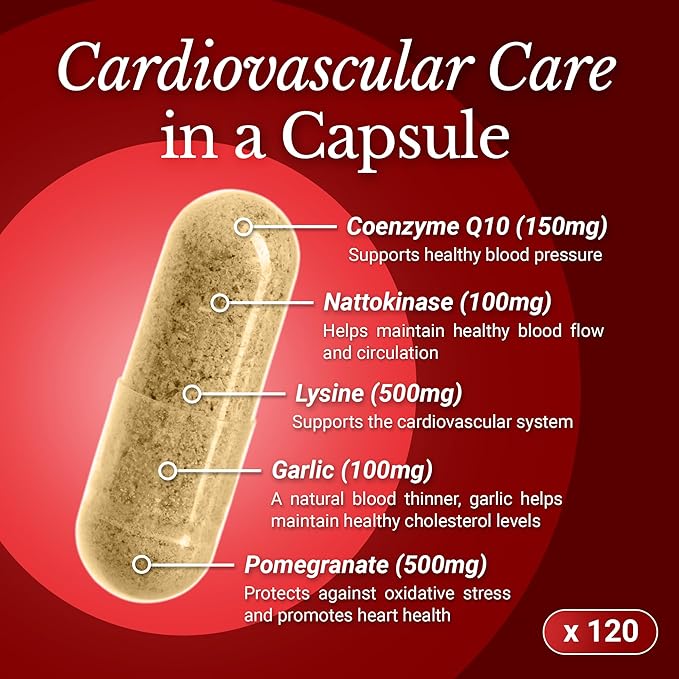 CoQ10 Cardiovascular Supplement 150mg – Coenzyme Q10 Nattokinase Pomegranate Garlic &amp Lysine for Blood Cholesterol Circulation Heart Plus CoQ10 Supplement for Men &amp Women 120 Capsules by
