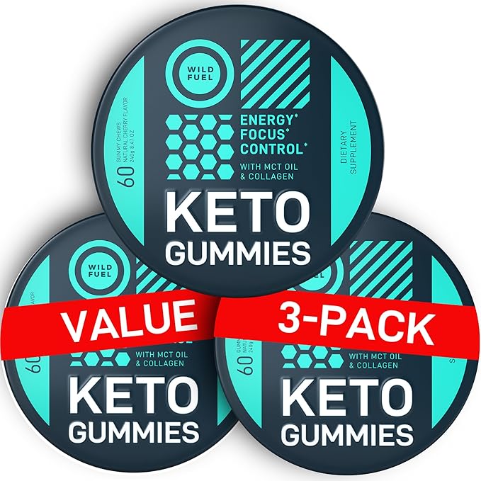 WILD FUEL MCT Oil Keto Gummies with Collagen - Pre Workout Gummy Keto Candy - Physical and Mental Energy Low Carb Low Calorie - 3-Month Supply 180 Cherry Collagen Gummies for Women and Men