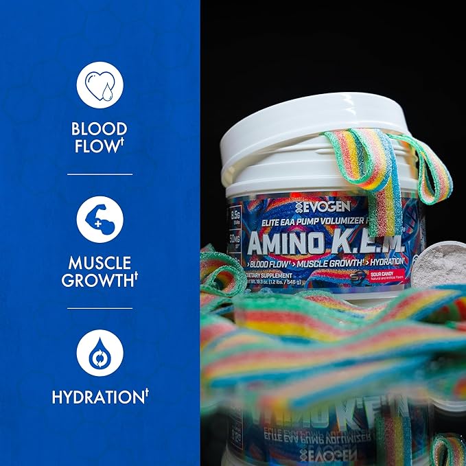 Evogen Amino K.E.M. - EAA &amp BCAA Powder Pump Volumizer | BCAAs Amino Acids Supplement for Blood Flow Muscle Growth &amp Hydration | Sour Candy | 30 Servings