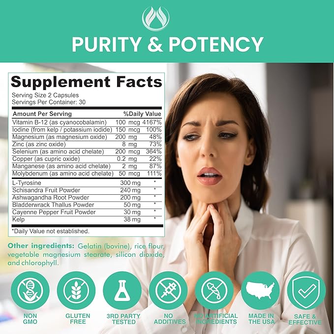 THE ENCLARE NUTRITION Thyroid Support Supplement with Iodine - Balance Hormones for Energy Metabolism Focus Stress Mood. Ashwagandha Zinc Selenium Vitamin B12 Kelp Magnesium L Tyrosine (1)