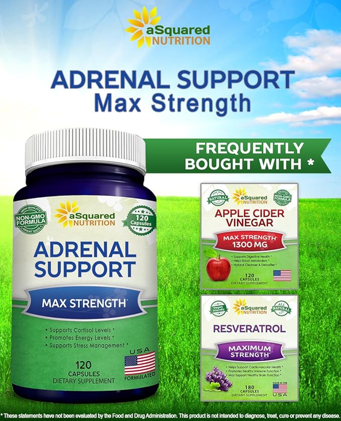 aSquared Nutrition Adrenal Support &amp Cortisol Manager Supplement (120 Capsules)-Adrenal Health w/Vitamin C Complex Pills to Support Fatigue &amp Stress Relief-Ashwagandha L-Tyrosine Rhodiola &a
