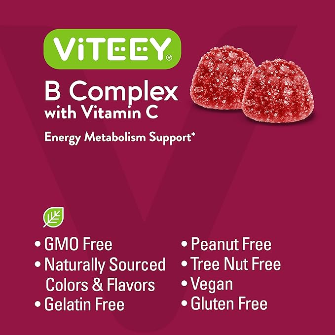 Viteey Vitamin B Complex Gummies with Vitamin C - Energy Metabolism &amp Immune Support - B6 B12 Niacin Folic Acid Biotin Calcium - Vegan Gluten-Free - 120 Count