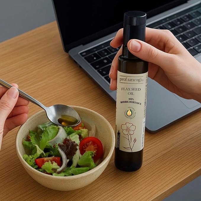 Prof Saracoglu Flaxseed Oil – Cold Pressed Solvent-Free Flax Seed Oil in Glass Bottle | Plant-Based Omega 3 with Lignans | Vegan Non-GMO | Hair Skin &amp Wellness | 8.45 fl oz