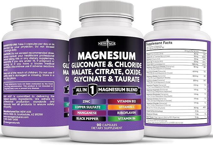 NEW AGE Magnesium Supplement -Powerful Glycinate Citrate Malate Oxide Taurate Aspartate Gluconate Orotate &amp Mag Chloride Manganese Bone Health and Bone Strength Joint Support- 270 Count
